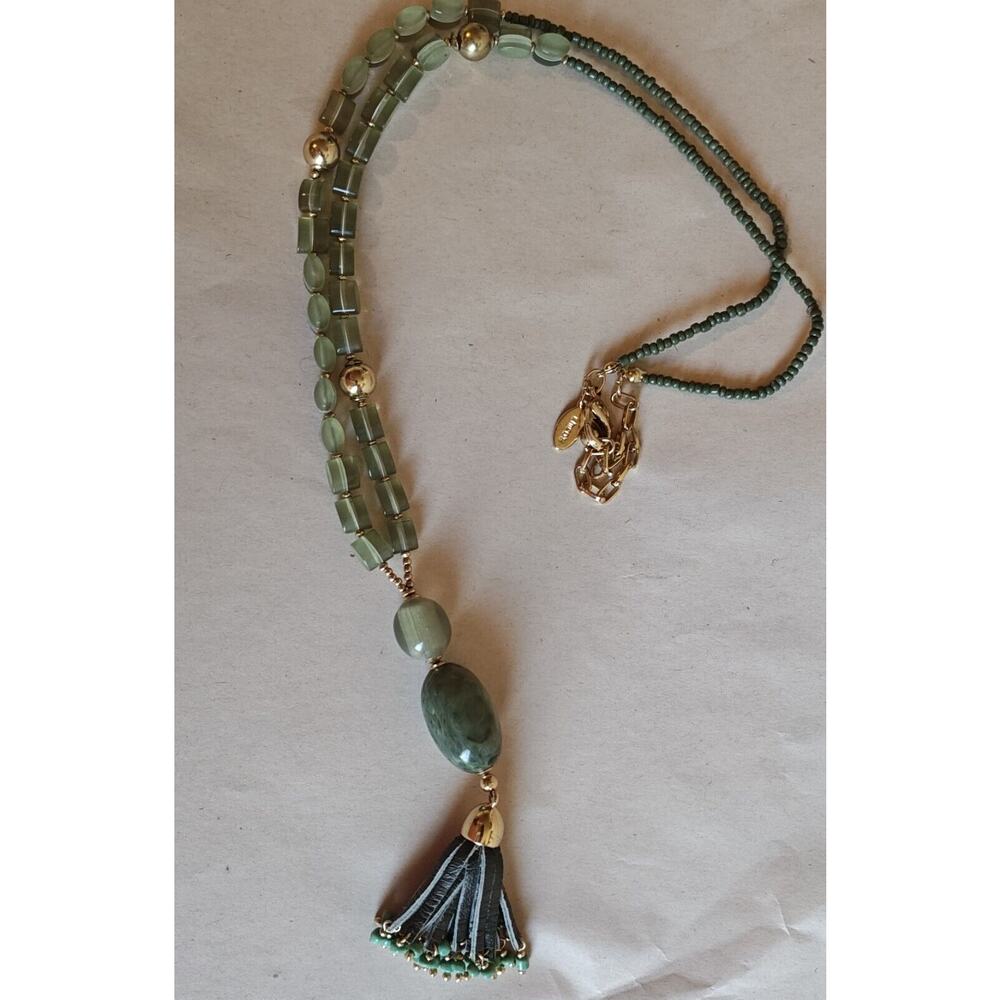 Chico's Statement Necklace Green Beaded Tassel Pendant 16" Adjustable Clasp‎ - Picture 4 of 8